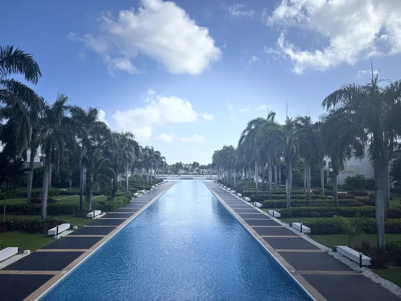 Long infinity pool lined with palm trees at Hard Rock Punta Cana